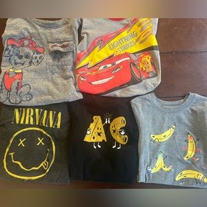 5 boys shirts, size 4T, used, lightning McQueen, paw patrol, nirvana